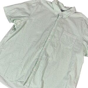 Lands' End Seersucker Shirt Mens XXL Green White Striped Button Down